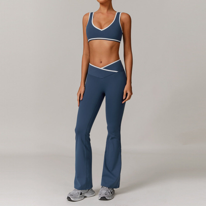 Women's Cross-over High-waisted Sports Suit, Color Block Backless Tight-fitting Yoga Set, Running Fitness Yoga Clothes 8843