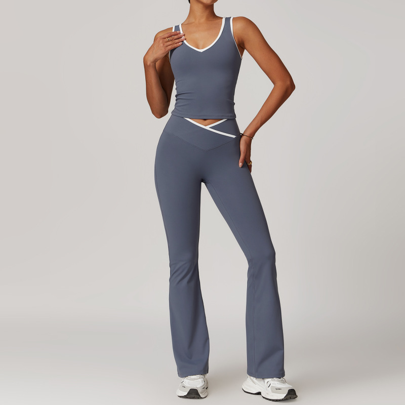 Women's Cross-over High-waisted Sports Suit, Color Block Backless Tight-fitting Yoga Set, Running Fitness Yoga Clothes 8843
