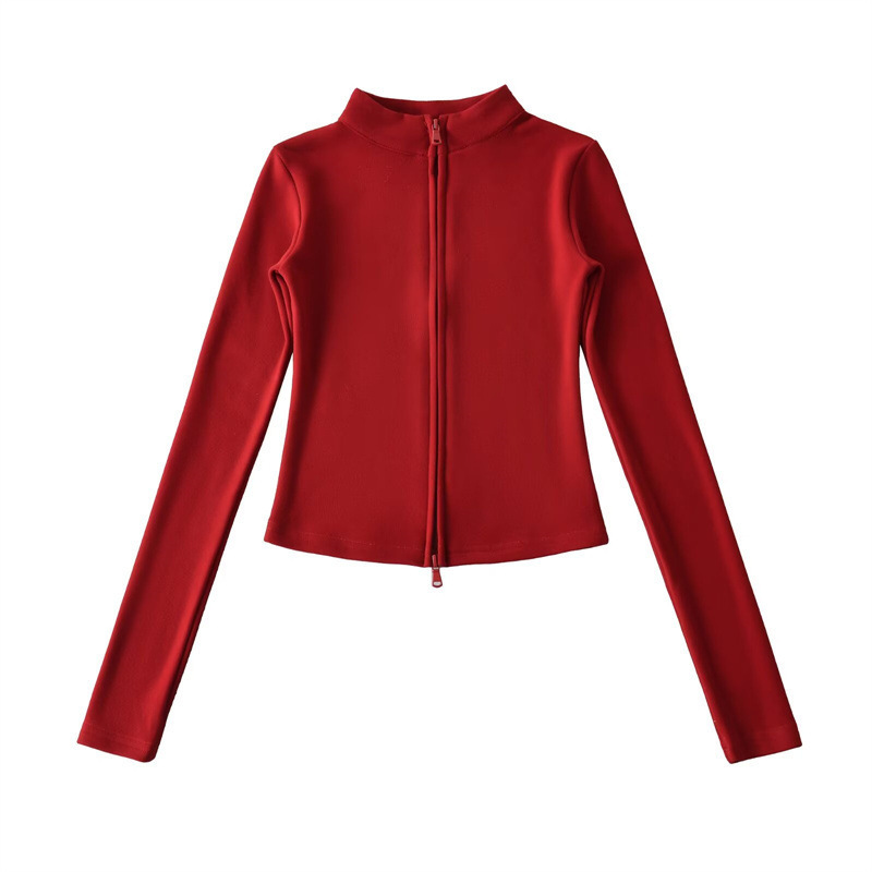 Tall, slim-fit sports two-piece set, flattering stand-up collar zip-up denim cardigan top with flared trousers, women's style.