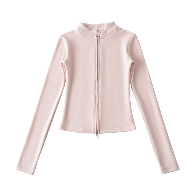 Tall, slim-fit sports two-piece set, flattering stand-up collar zip-up denim cardigan top with flared trousers, women's style.