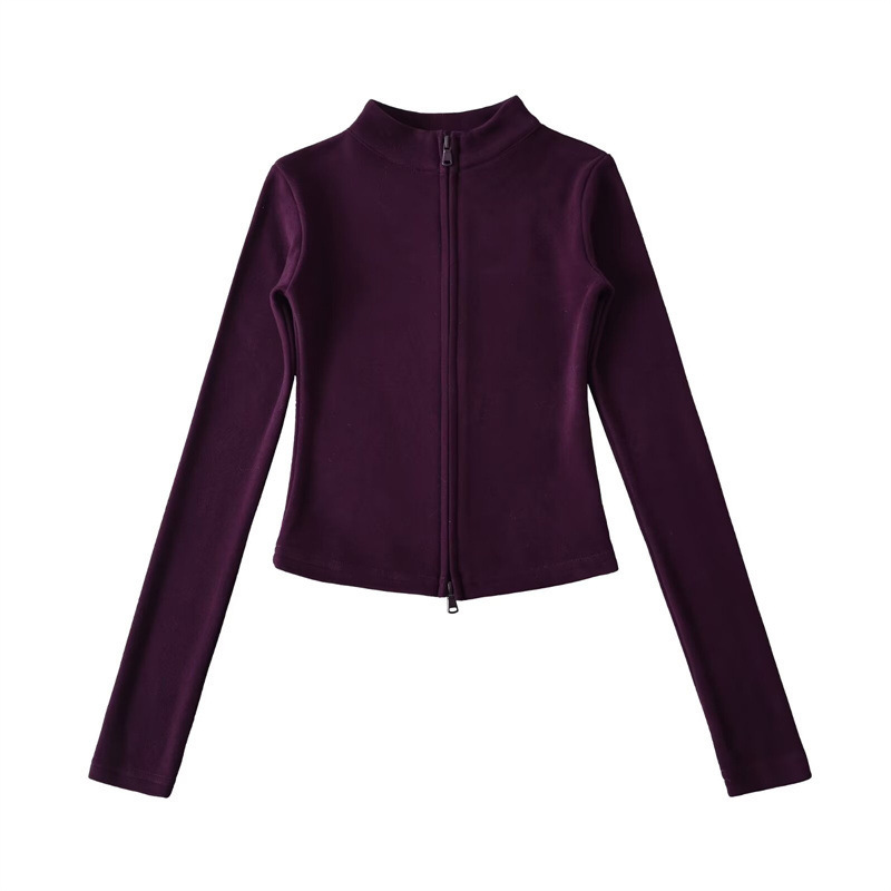 Tall, slim-fit sports two-piece set, flattering stand-up collar zip-up denim cardigan top with flared trousers, women's style.
