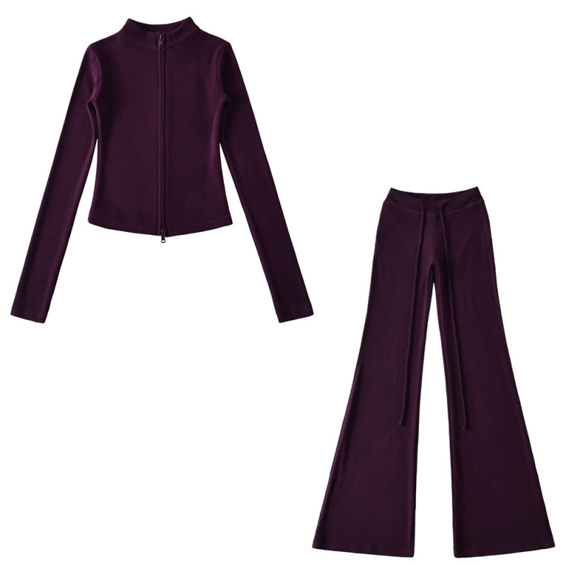 Tall, slim-fit sports two-piece set, flattering stand-up collar zip-up denim cardigan top with flared trousers, women's style.