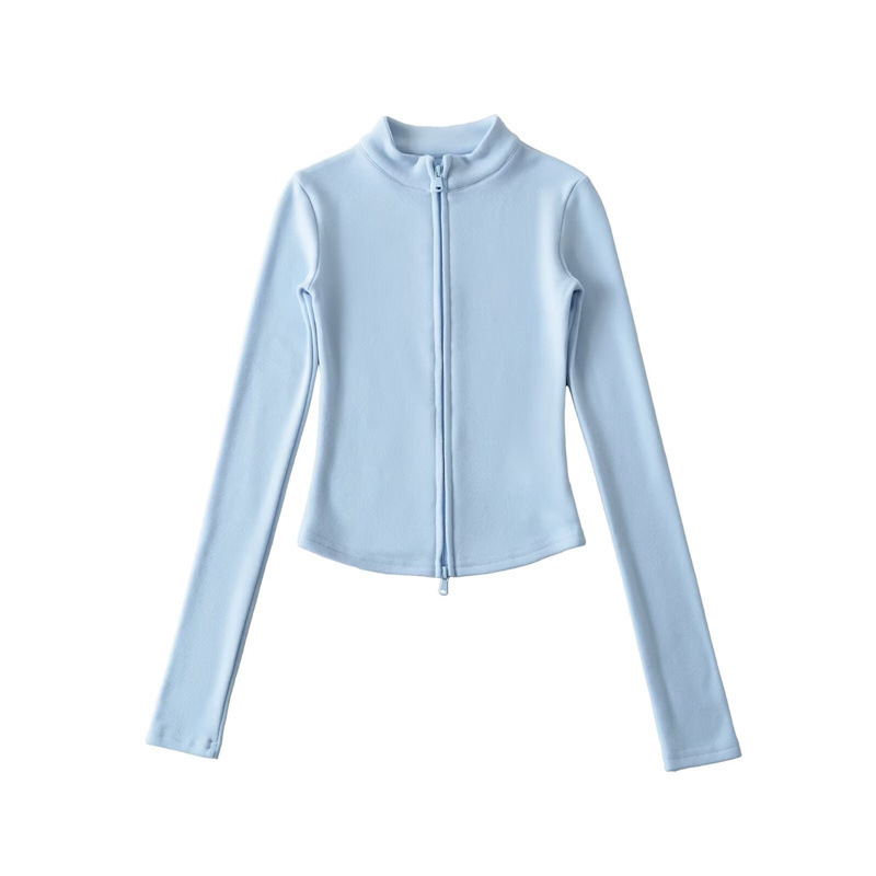 Tall, slim-fit sports two-piece set, flattering stand-up collar zip-up denim cardigan top with flared trousers, women's style.