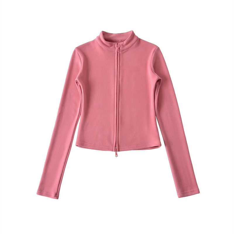 Tall, slim-fit sports two-piece set, flattering stand-up collar zip-up denim cardigan top with flared trousers, women's style.