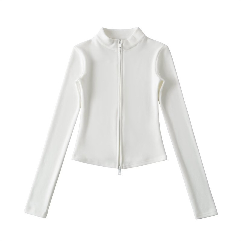 Tall, slim-fit sports two-piece set, flattering stand-up collar zip-up denim cardigan top with flared trousers, women's style.