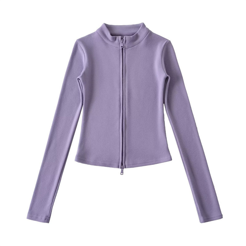 Tall, slim-fit sports two-piece set, flattering stand-up collar zip-up denim cardigan top with flared trousers, women's style.
