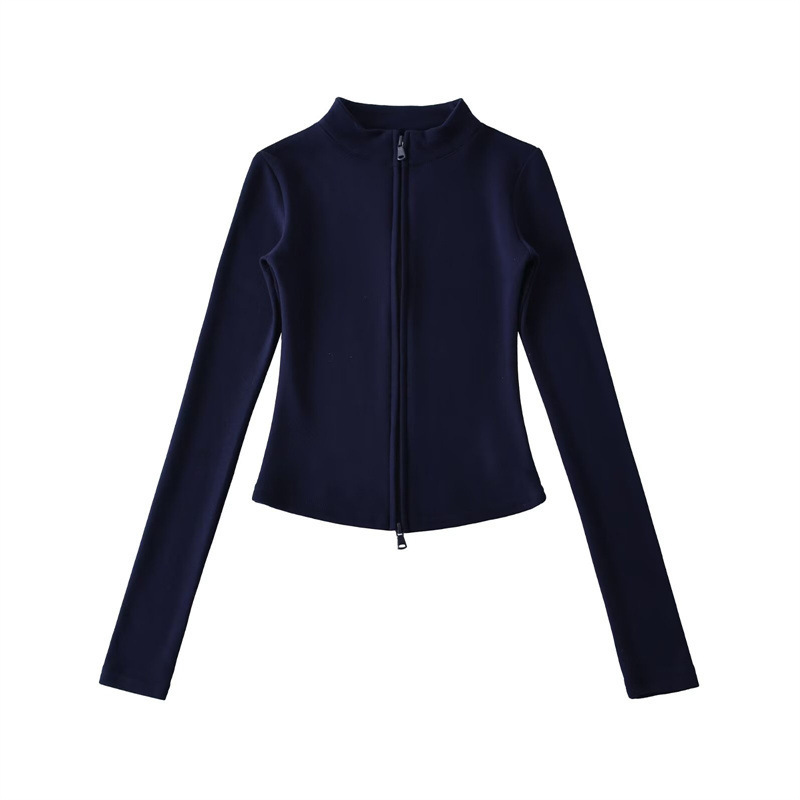 Tall, slim-fit sports two-piece set, flattering stand-up collar zip-up denim cardigan top with flared trousers, women's style.