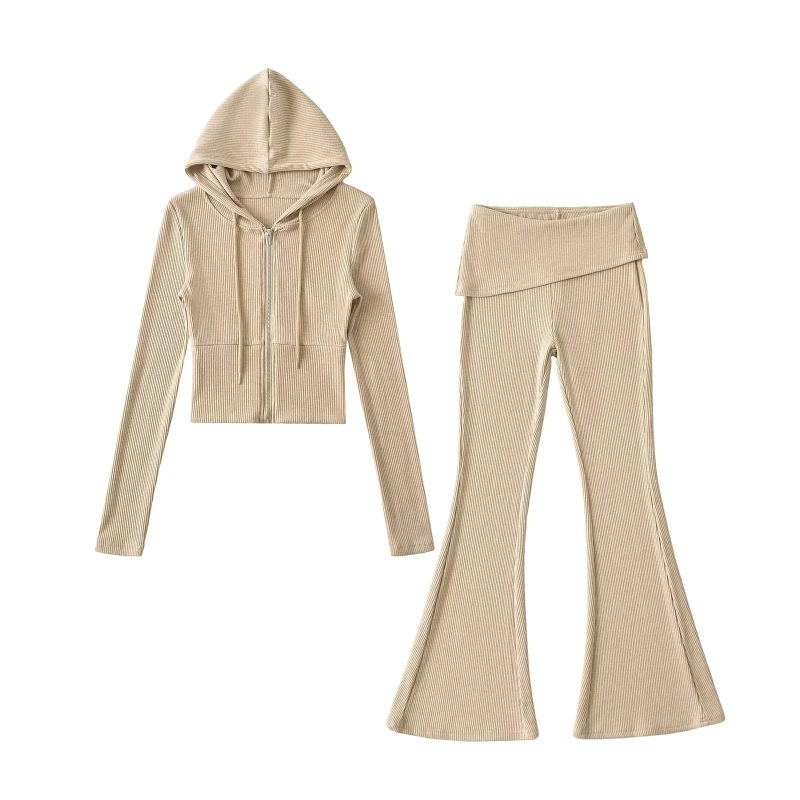 Sports Style Casual Hooded Zipper Waist Sweatshirt Jacket Slimming Cuffed Waist Micro-Flared Trousers Hot Girl Two-Piece Set