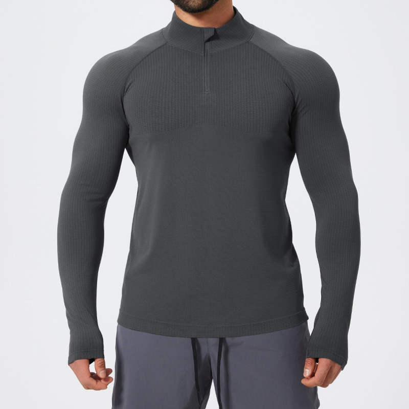 Cross-Border Men's Stand-Up Collar Sports Fitness Zipper Moisture-Wicking Seamless Long-Sleeve T-Shirt Spring and Autumn Running Football Shirt 1058-1