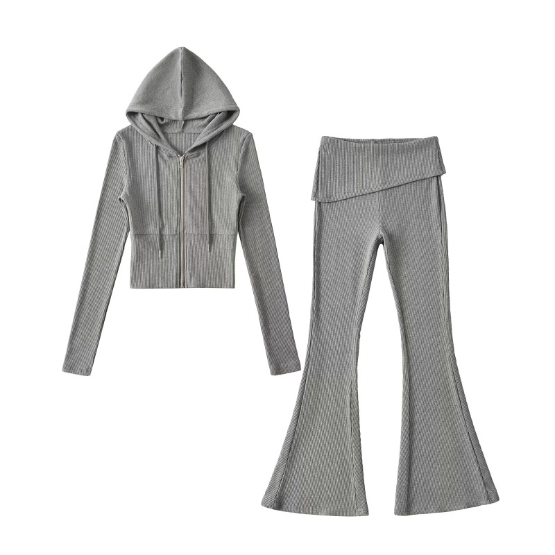 Sports Style Casual Hooded Zipper Waist Sweatshirt Jacket Slimming Cuffed Waist Micro-Flared Trousers Hot Girl Two-Piece Set