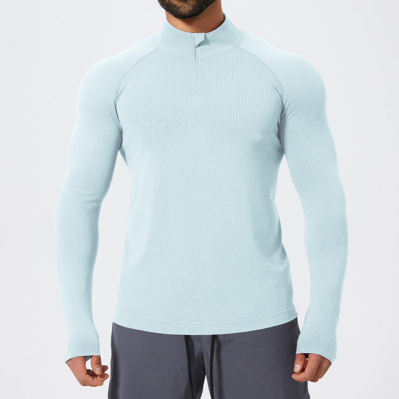Cross-Border Men's Stand-Up Collar Sports Fitness Zipper Moisture-Wicking Seamless Long-Sleeve T-Shirt Spring and Autumn Running Football Shirt 1058-1