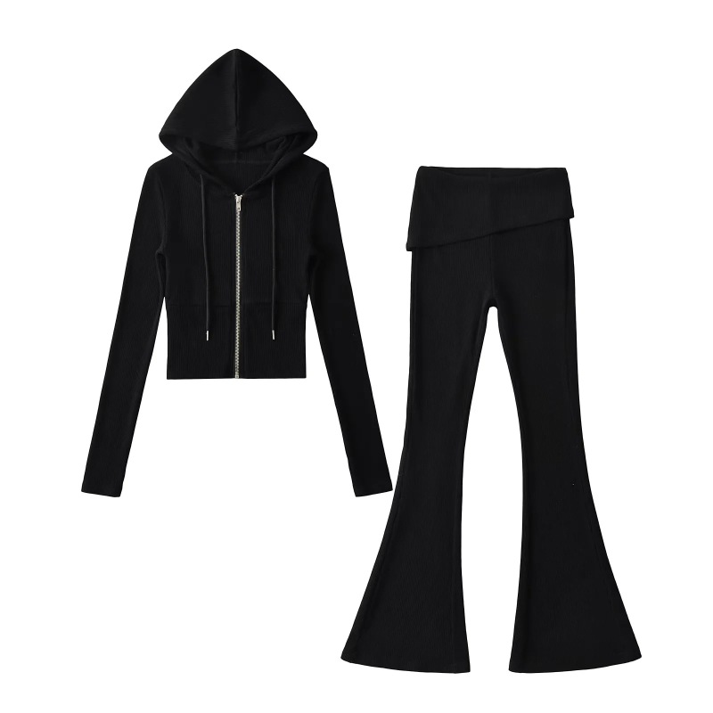 Sports Style Casual Hooded Zipper Waist Sweatshirt Jacket Slimming Cuffed Waist Micro-Flared Trousers Hot Girl Two-Piece Set