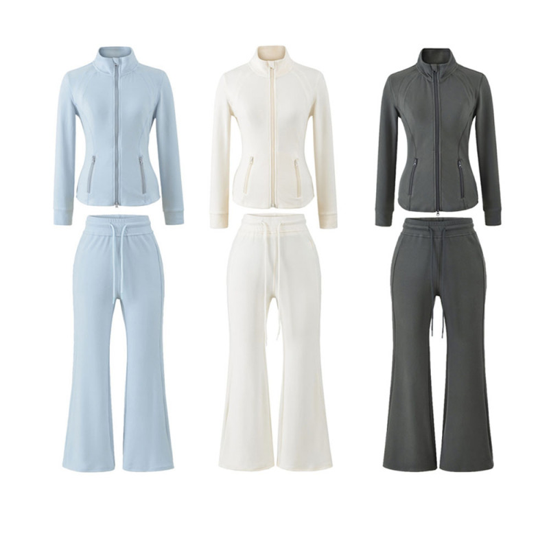 Relaxed-fit sportswear set, stand-up collar, slim-fit long-sleeved zip-up sweatshirt, drawstring flared sweatpants, women's trousers.