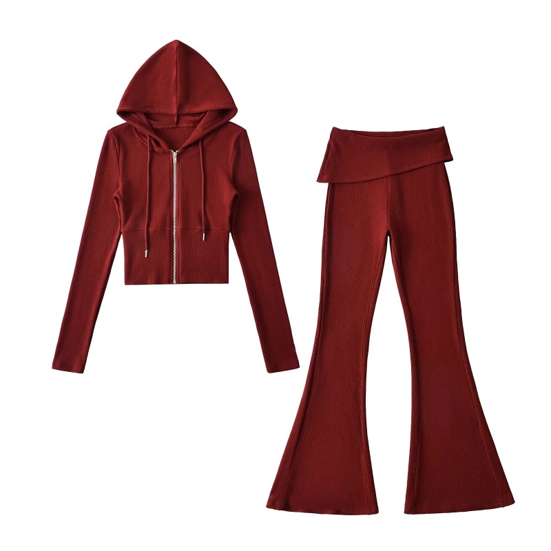Sports Style Casual Hooded Zipper Waist Sweatshirt Jacket Slimming Cuffed Waist Micro-Flared Trousers Hot Girl Two-Piece Set