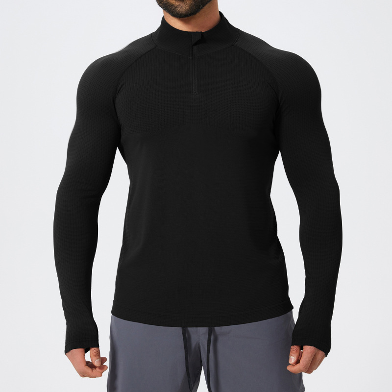 Cross-Border Men's Stand-Up Collar Sports Fitness Zipper Moisture-Wicking Seamless Long-Sleeve T-Shirt Spring and Autumn Running Football Shirt 1058-1
