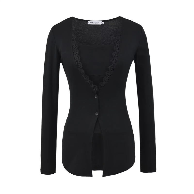 Pure Desire Hot Girl Two-Piece Set with Elegant Inner Tank Top and Camisole, Autumn Waist-Cinching Single-Breasted Lace Patchwork Long-Sleeve Cardigan