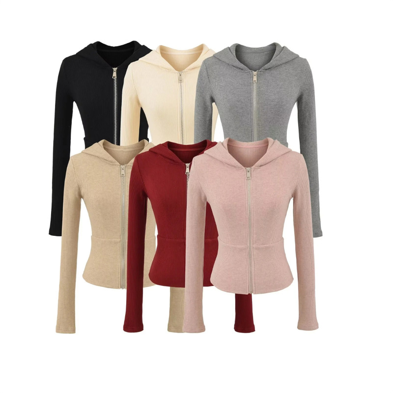 Gray Sports Suit Zipper Hooded Waist Sweatshirt Jacket + Casual American Tight Slimming Look Micro-Flared Pants