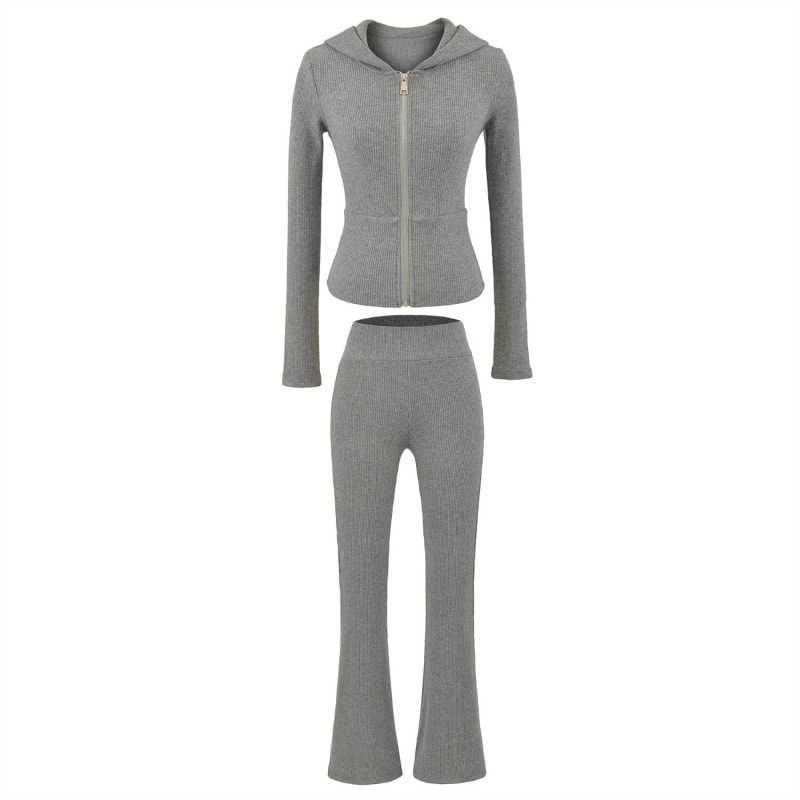 Gray Sports Suit Zipper Hooded Waist Sweatshirt Jacket + Casual American Tight Slimming Look Micro-Flared Pants