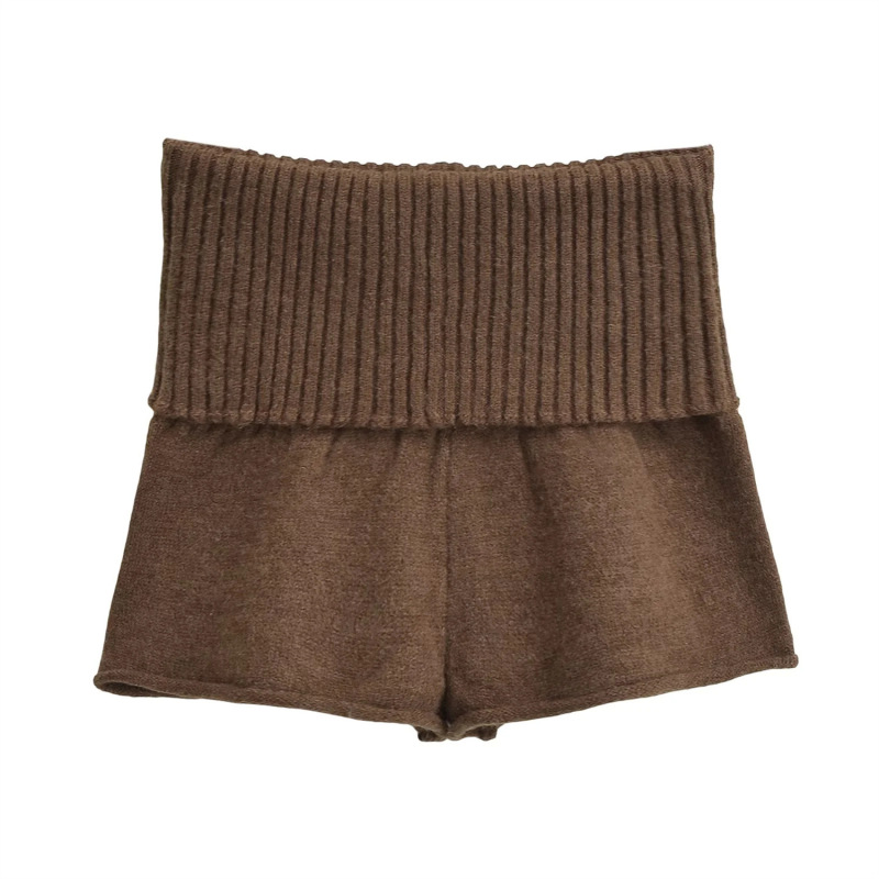 Lazy and Relaxed Slanted Shoulder Loose Knitwear Long-Sleeved Top + Rolled Edge Casual Sexy Shorts Knitwear Two-Piece Set