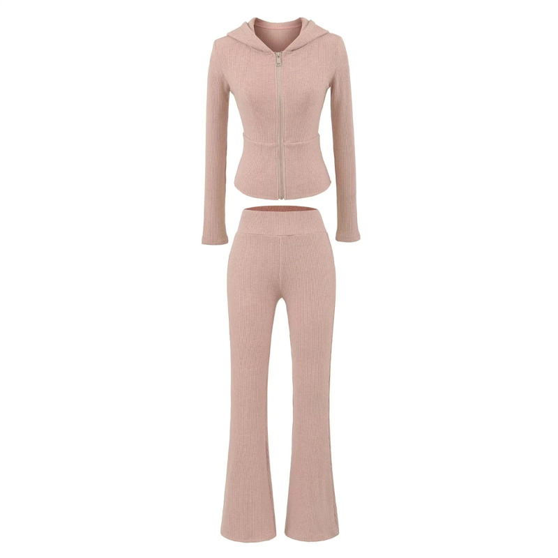 Gray Sports Suit Zipper Hooded Waist Sweatshirt Jacket + Casual American Tight Slimming Look Micro-Flared Pants