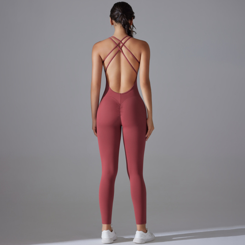 Cross-border European and American style butt-lifting yoga wear, quick-drying, tight-fitting running sports cross-back beauty bodysuit without embarrassing seams