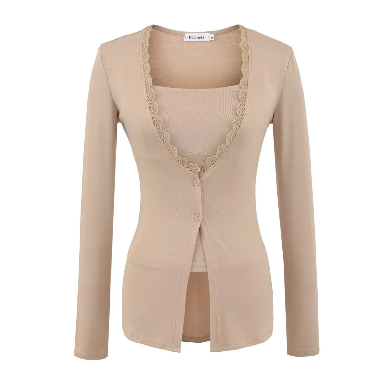 Pure Desire Hot Girl Two-Piece Set with Elegant Inner Tank Top and Camisole, Autumn Waist-Cinching Single-Breasted Lace Patchwork Long-Sleeve Cardigan
