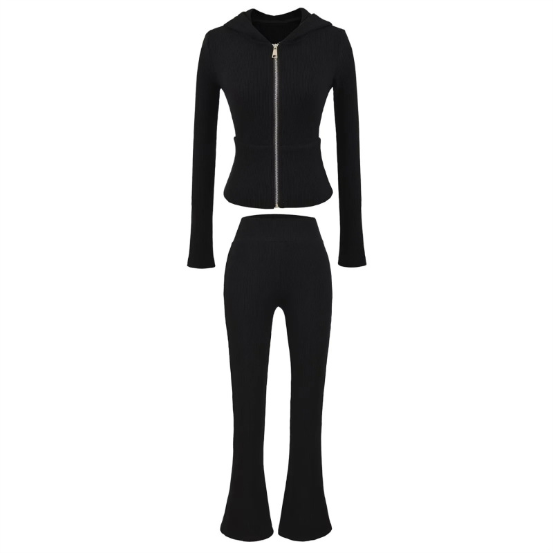 Gray Sports Suit Zipper Hooded Waist Sweatshirt Jacket + Casual American Tight Slimming Look Micro-Flared Pants