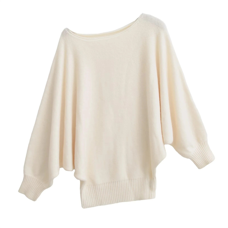 Lazy and Relaxed Slanted Shoulder Loose Knitwear Long-Sleeved Top + Rolled Edge Casual Sexy Shorts Knitwear Two-Piece Set