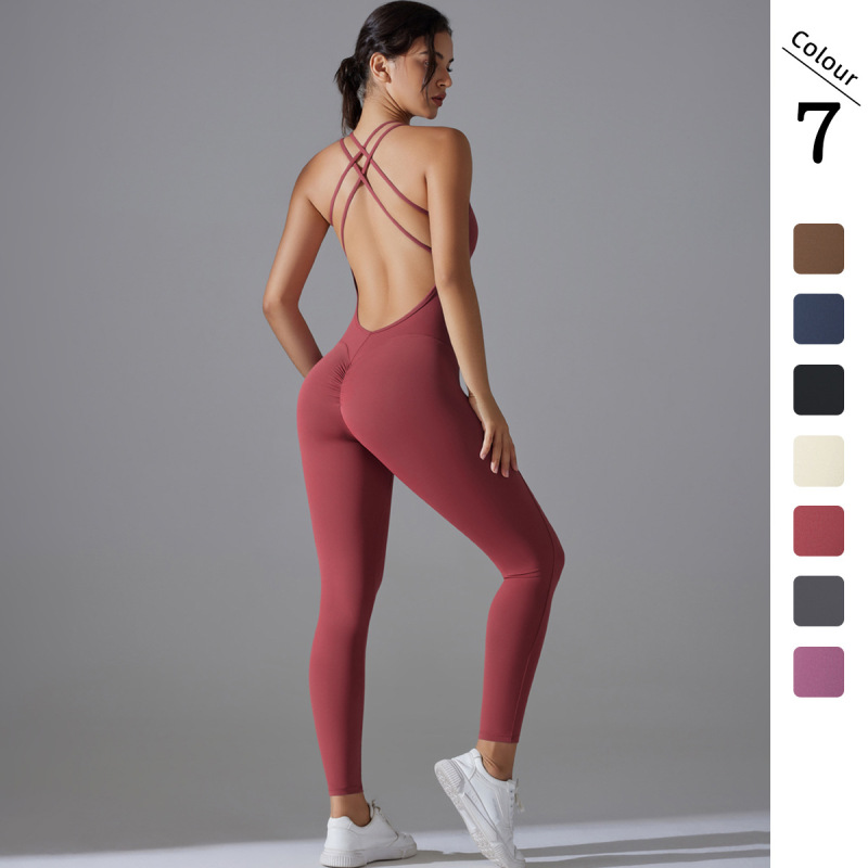 Cross-border European and American style butt-lifting yoga wear, quick-drying, tight-fitting running sports cross-back beauty bodysuit without embarrassing seams