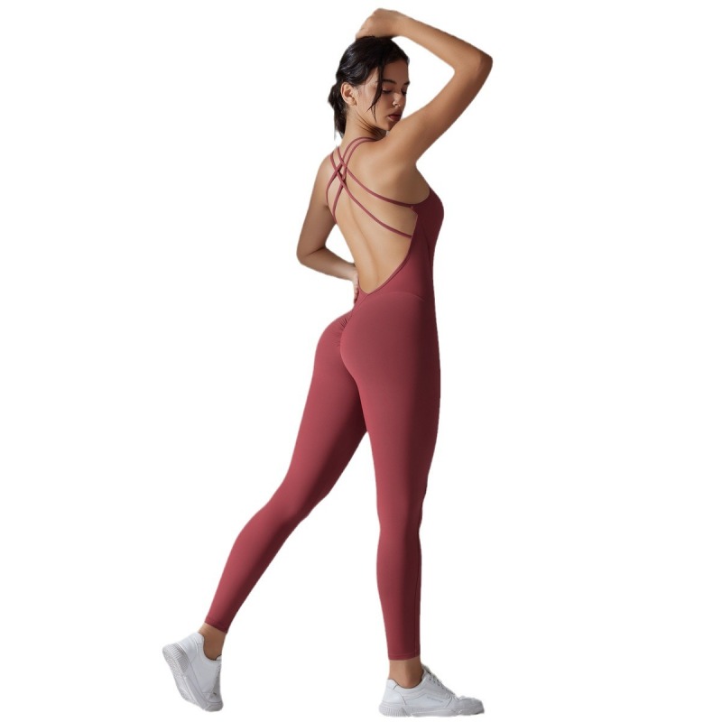 Cross-border European and American style butt-lifting yoga wear, quick-drying, tight-fitting running sports cross-back beauty bodysuit without embarrassing seams