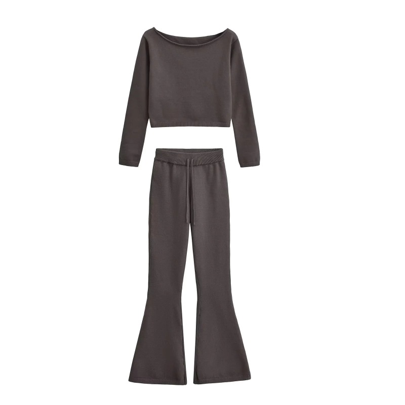 Pure Desire Style One-Shoulder Long-Sleeved Short Knitwear Top Slimming Look Draped Slit Micro-Flared Pants Knitwear Two-Piece Set