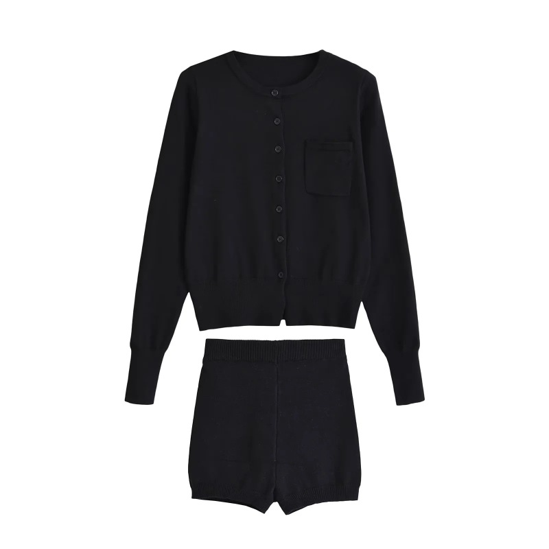 Petite Soft Versatile Round Neck Sweater Cardigan + High-Waisted Slimming Hip-Hugging Shorts Knitted Long-Sleeve Two-Piece Set