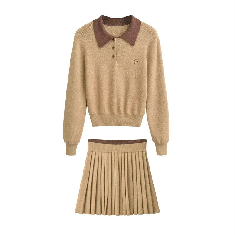 Girlish Polo-Neck Long-Sleeved Pullover Knit Top with High-Waisted Color-Blocked Pleated Skirt - Sexy Two-Piece Set for Women
