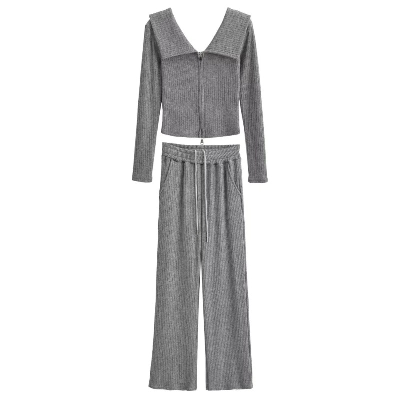 Pure Desire Style One-Shoulder Large Lapel Double Zipper Knitwear Top + Elastic Waist Draped Straight Floor-Length Pants Suit