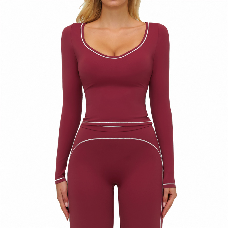Cross-border autumn/winter yoga long-sleeved color-blocked brushed slim-fit fashion T-shirt, outdoor running sports long-sleeved top 7028