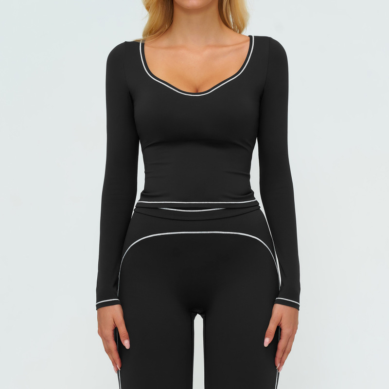 Cross-border autumn/winter yoga long-sleeved color-blocked brushed slim-fit fashion T-shirt, outdoor running sports long-sleeved top 7028