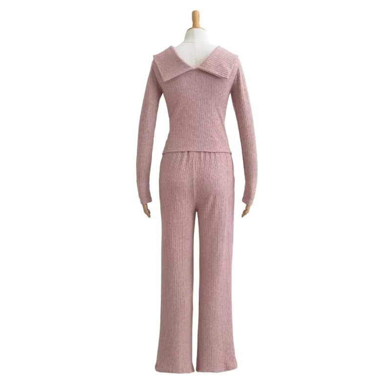 Pure Desire Style One-Shoulder Large Lapel Double Zipper Knitwear Top + Elastic Waist Draped Straight Floor-Length Pants Suit
