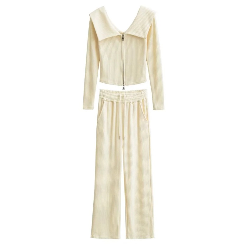 Pure Desire Style One-Shoulder Large Lapel Double Zipper Knitwear Top + Elastic Waist Draped Straight Floor-Length Pants Suit