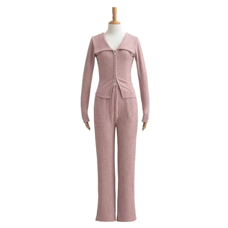 Pure Desire Style One-Shoulder Large Lapel Double Zipper Knitwear Top + Elastic Waist Draped Straight Floor-Length Pants Suit