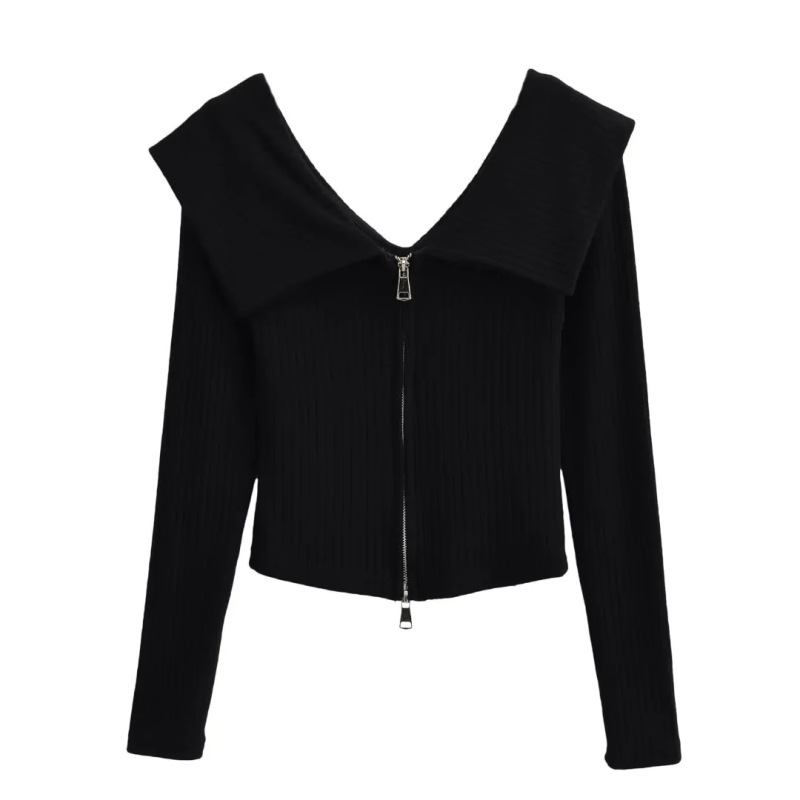 Pure Desire Style One-Shoulder Large Lapel Double Zipper Knitwear Top + Elastic Waist Draped Straight Floor-Length Pants Suit