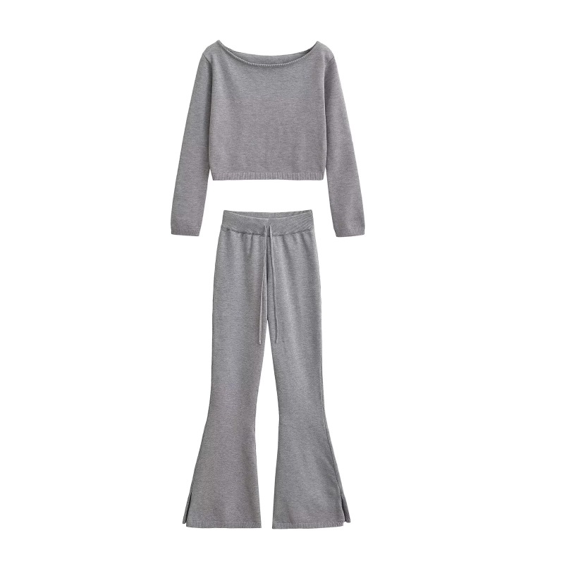 Pure Desire Style One-Shoulder Long-Sleeved Short Knitwear Top Slimming Look Draped Slit Micro-Flared Pants Knitwear Two-Piece Set