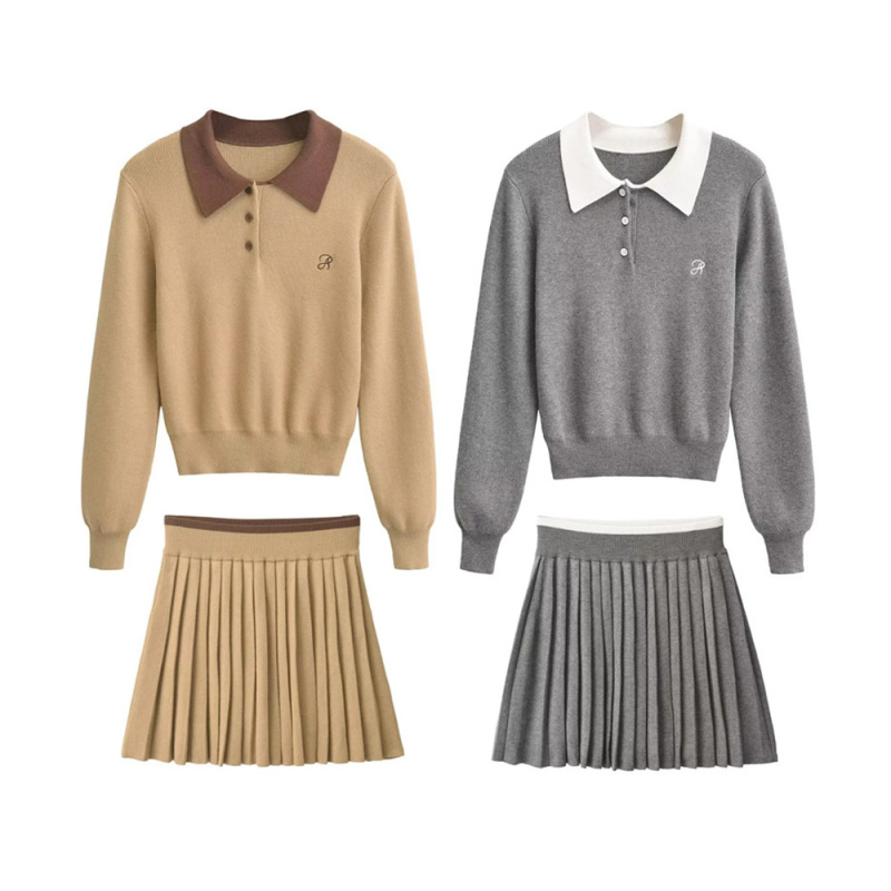 Girlish Polo-Neck Long-Sleeved Pullover Knit Top with High-Waisted Color-Blocked Pleated Skirt - Sexy Two-Piece Set for Women