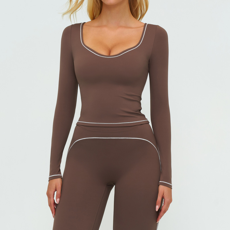Cross-border autumn/winter yoga long-sleeved color-blocked brushed slim-fit fashion T-shirt, outdoor running sports long-sleeved top 7028