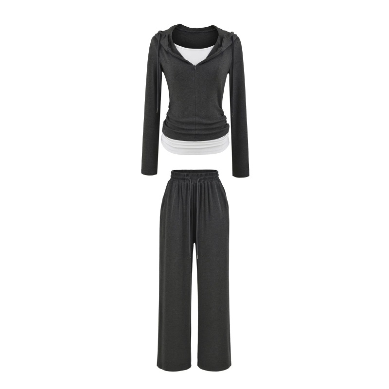 Sports Style Hooded Color-Blocked Long-Sleeved Sweatshirt + High-Waisted Skirt Drawstring Micro-Flared Pants Sexy Three-Piece Set