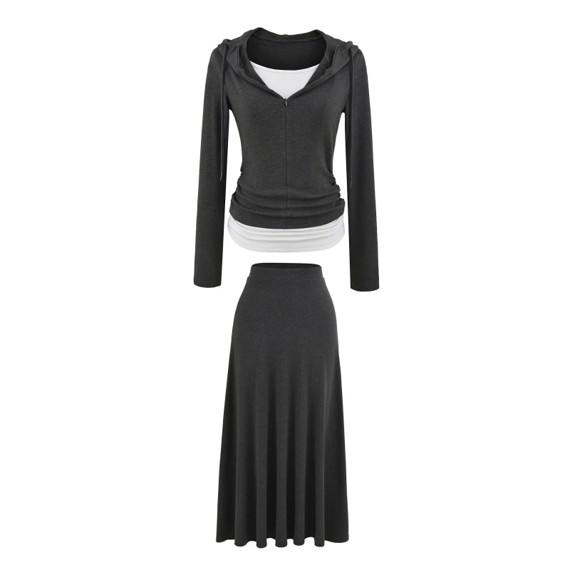 Sports Style Hooded Color-Blocked Long-Sleeved Sweatshirt + High-Waisted Skirt Drawstring Micro-Flared Pants Sexy Three-Piece Set