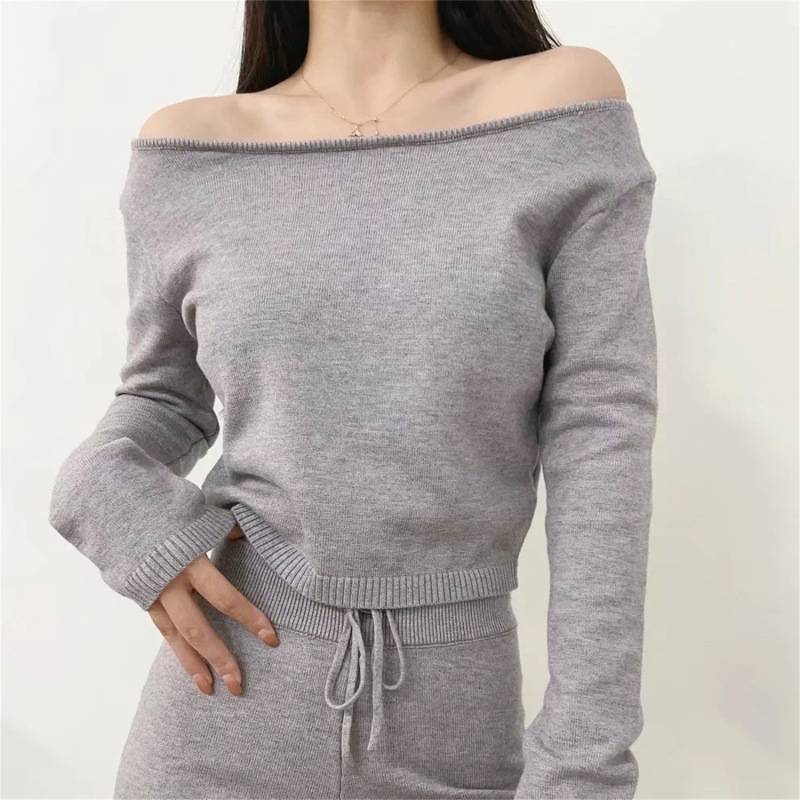 Pure Desire Style One-Shoulder Long-Sleeved Short Knitwear Top Slimming Look Draped Slit Micro-Flared Pants Knitwear Two-Piece Set