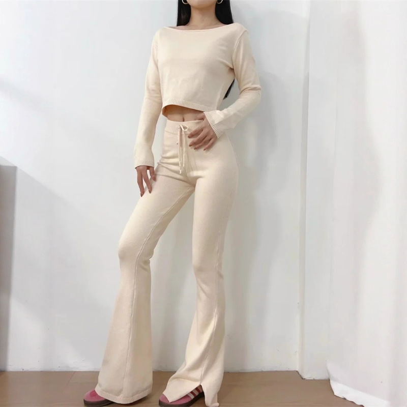 Pure Desire Style One-Shoulder Long-Sleeved Short Knitwear Top Slimming Look Draped Slit Micro-Flared Pants Knitwear Two-Piece Set