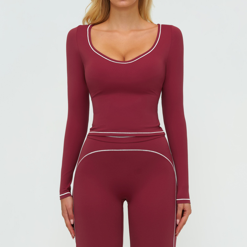 Cross-border autumn/winter yoga long-sleeved color-blocked brushed slim-fit fashion T-shirt, outdoor running sports long-sleeved top 7028