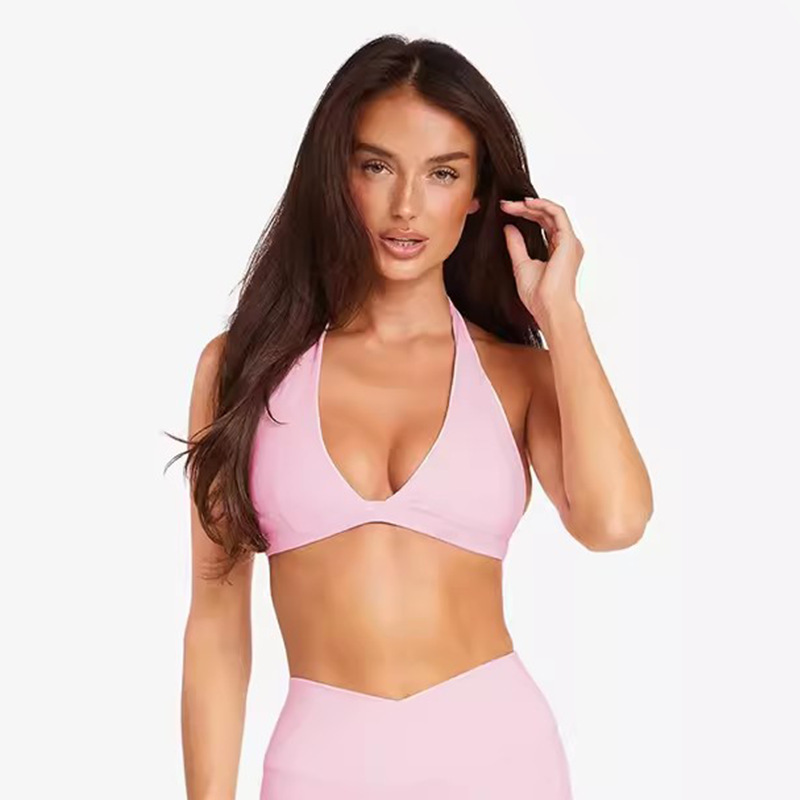 Cross-border European and American style breathable shockproof V-neck halter neck beautiful back bra for women, suitable for wearing as outerwear, quick-drying fitness yoga bra, sports bra
