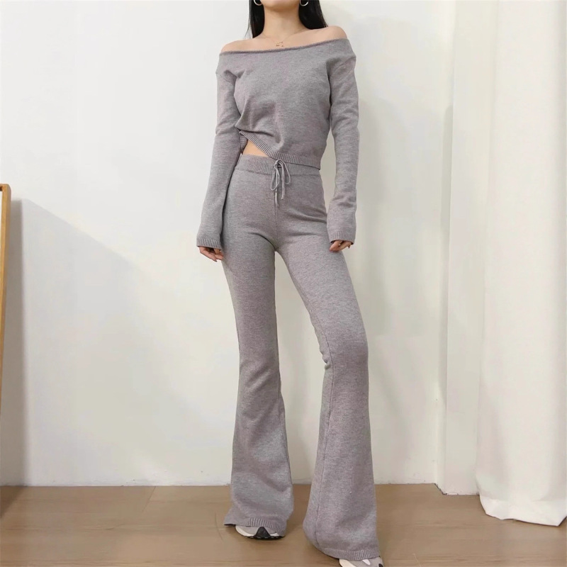 Pure Desire Style One-Shoulder Long-Sleeved Short Knitwear Top Slimming Look Draped Slit Micro-Flared Pants Knitwear Two-Piece Set